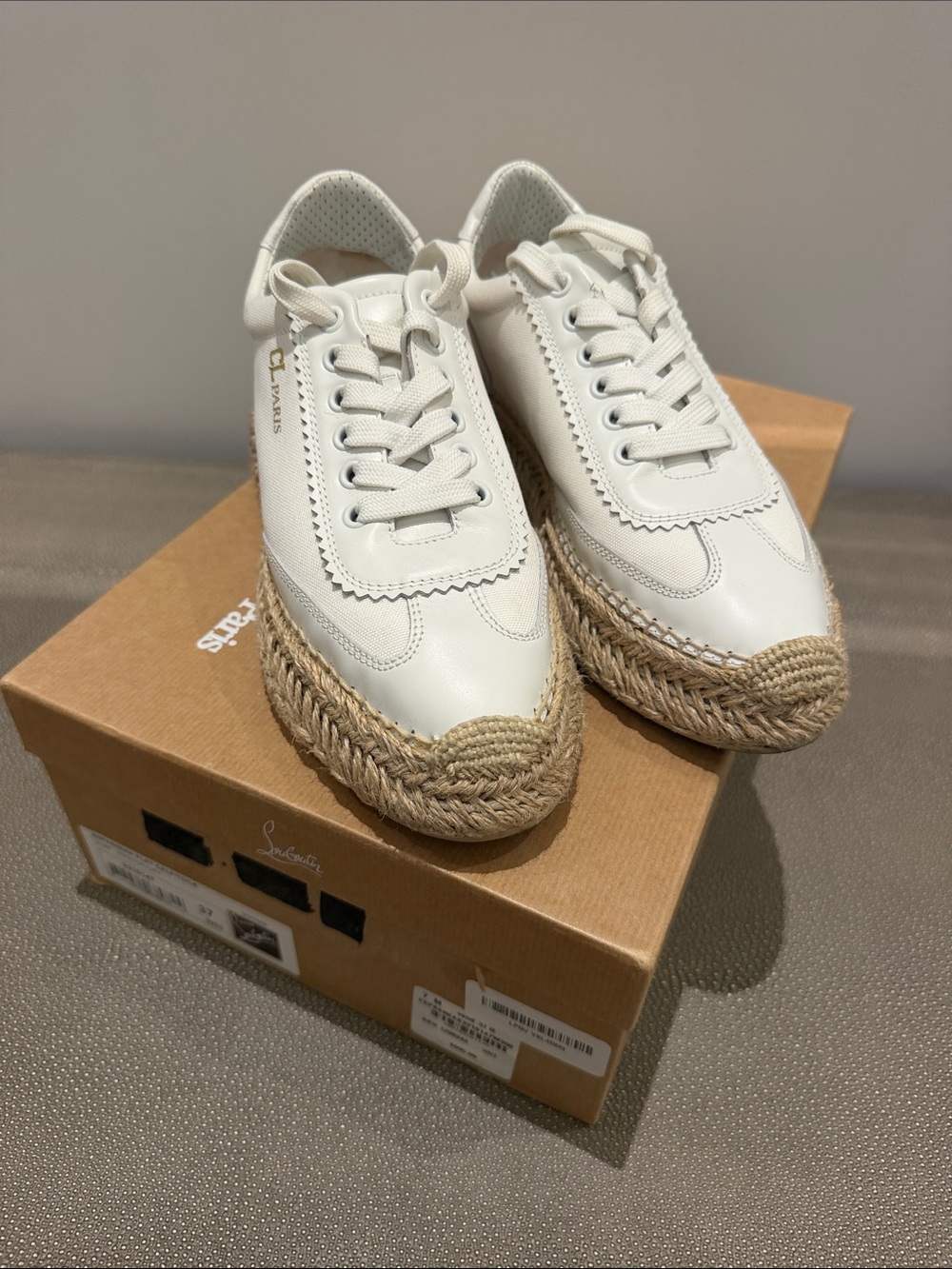 Christian Louboutin White Leather Kids Espadrille-Trim Sneakers
